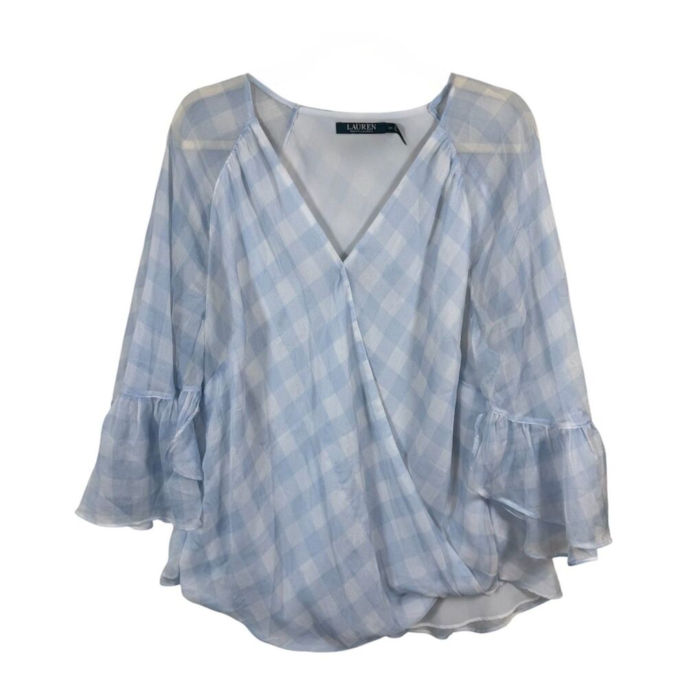 Lauren Ralph Lauren Gingham Surplice Blouse 2X Plus Size Summer Bell Sleeve